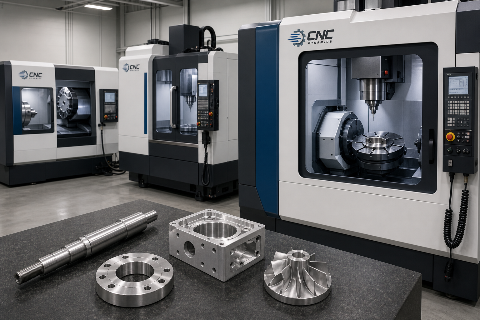 Токарный, трёхосевой и пятиосевой станки CNC DYNAMICS для изготовления металлических деталей